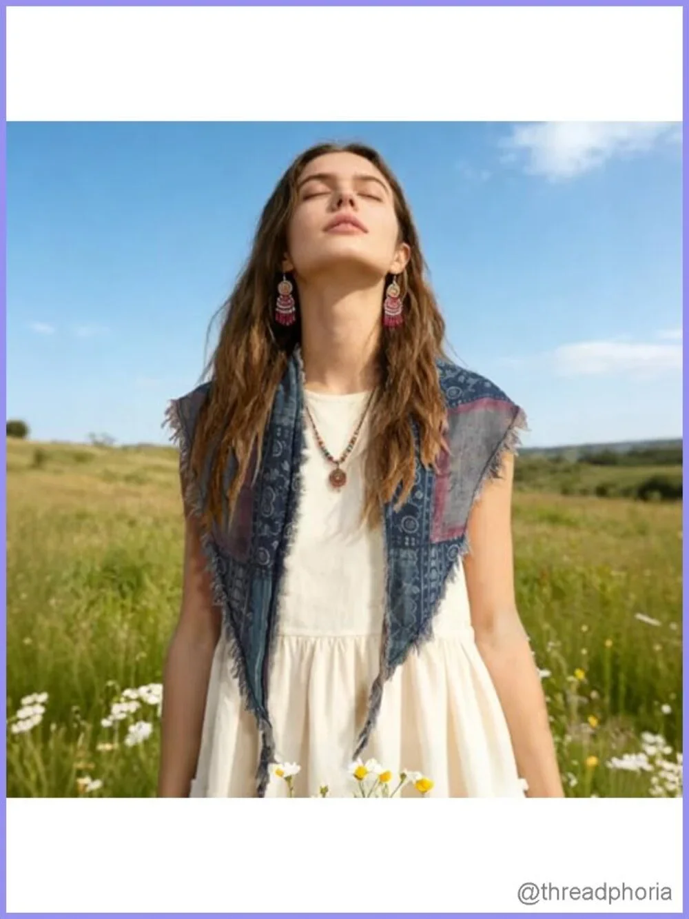 Women Vintage Cotton Triangle Scarf Floral Print Raw Fringe Edge Bandana